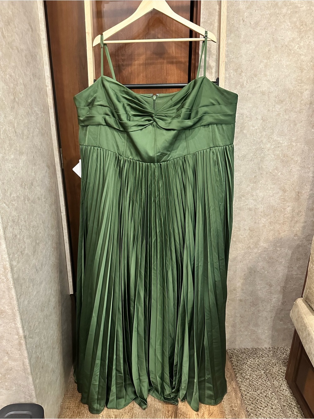 Azazie | Olive Green | Pleated Spaghetti-Strap Maxi Dress w/ Slit | 26W